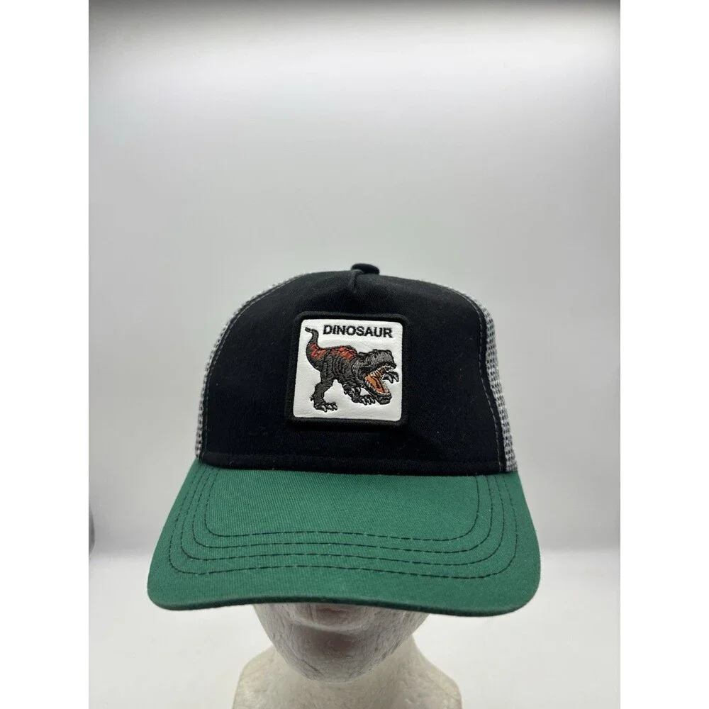 Dinosaur T-Rex Trucker Hat Black Green Mesh Snapback Cap Graphic Under Brim Mens